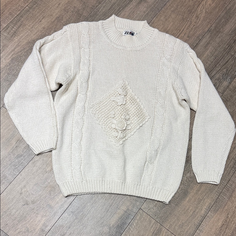 Vintage Cream Cotton Ramie Knit Crochet detail Sweater